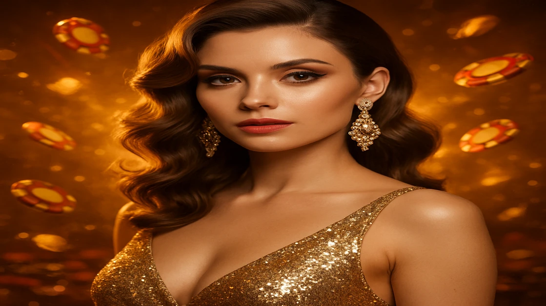 kiriya প্ল্যাটফর্মে জ্বলন্ত আলো ও ভাসমান চিপগুলোর মাঝে সোনা-রঙের পোশাক ও ইয়াররিং পরা এক জাঁকালো নারী.