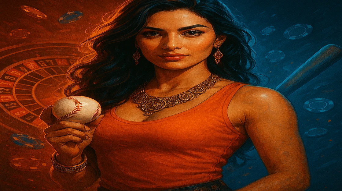 kiriya প্ল্যাটফর্মে কমলা রঙের টপ পরে, ট্যাটু-সহ এক দৃঢ়-চরিত্র নারী একটি বেসবল ধরে রয়েছেন; চারপাশে গেম-চক্র, চিপস ও উড়ন্ত ফুটবল ছড়িয়ে আছে।