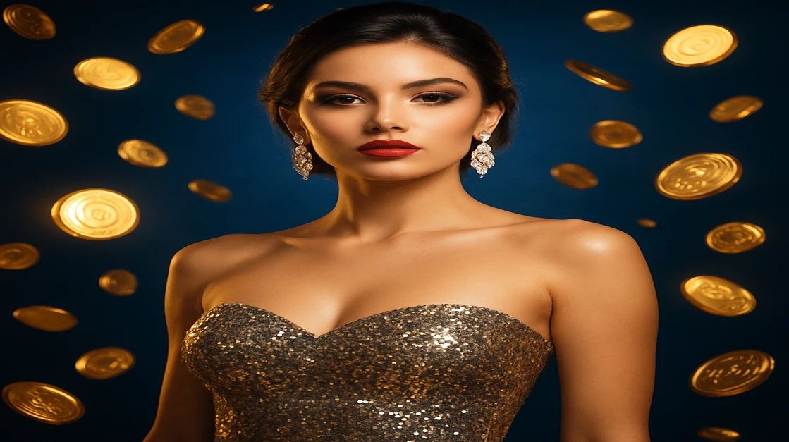 kiriya	gেমিং প্ল্যাটফর্ম-থিমযুক্ত জ্বলন্ত পটভূমিতে এক গ্ল্যামারাস নারী, ঝলমলে পোশাক পরে, উড়ন্ত সোনালী মুদ্রা ও আলোর ঝলক ছড়িয়ে দিচ্ছে।