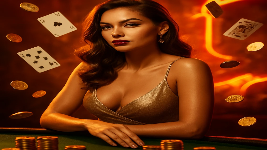 kiriya গেমিং প্ল্যাটফর্মের টেবনের ওপর গাঢ় পোশাকধারি এক নারী হেলায় ঝুঁকে আছেন; চারপাশে খেলার টুকরো-জাতীয় আইটেমগুলো উড়ে বেড়াচ্ছে, লগইন লেখা স্পষ্টভাবে দেখা যাচ্ছে