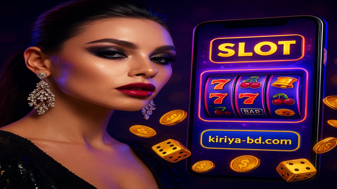 kiriya গেমিং প্ল্যাটফর্মে একজন স্টাইলিশ নারী একটি স্মার্টফোন ধরে আছেন; স্ক্রিনে একটি বিনোদনমূলক গেম খেলা চলছে, চারপাশে ঘুরে চলা মুদ্রা ও খেলনা-স্টাইল উপকরণগুলো ছড়িয়ে আছে