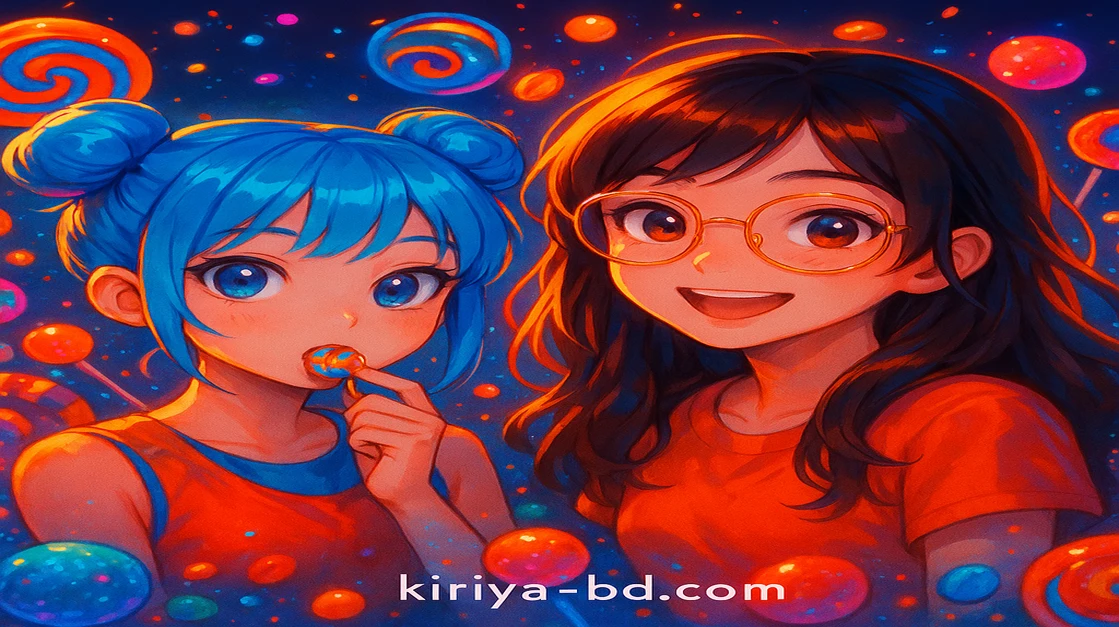 kiriya এর গেমিং দৃশ্যে দু-জন কার্টুন মেয়ে ললিপপ ও রঙিন ক্যান্ডি চারপাশে উড়ে চলে গেছে; নিচে লেখা আছে সুইট বোনানজা।